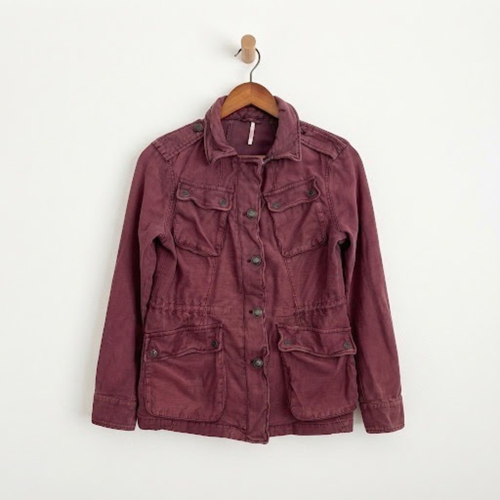 Free People Grunge Maroon Not Your Brothers Military Cargo Utility Jacket XS